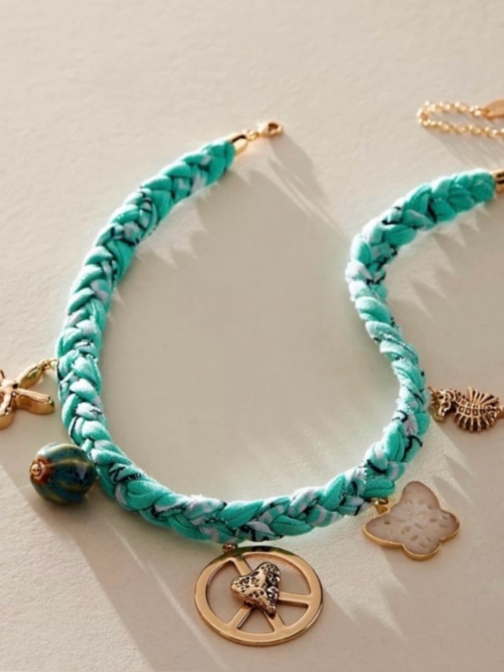 Free People Sky Turquoise Braided Charm Necklace - Gold Accents NWOT